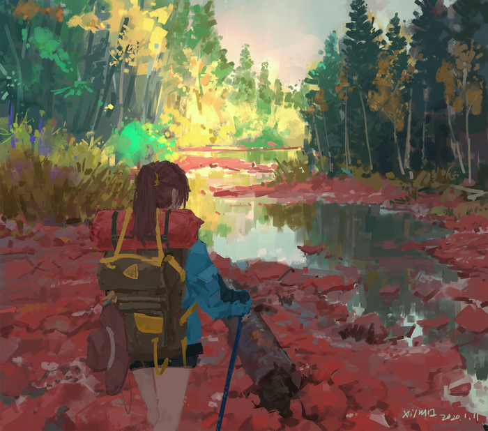 Girl with backpack hiking by a river in autumn forest