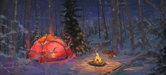 Minimal Camping Scene on Snowy Night
