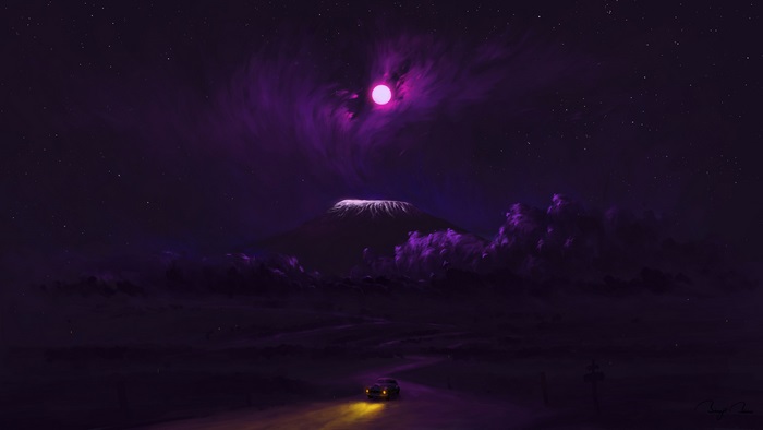 Car driving towards a volcano under a purple moon