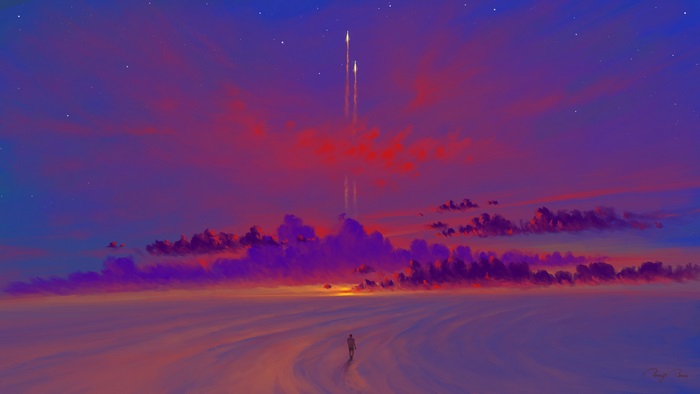 Rockets launching into a colorful sky over a landscape