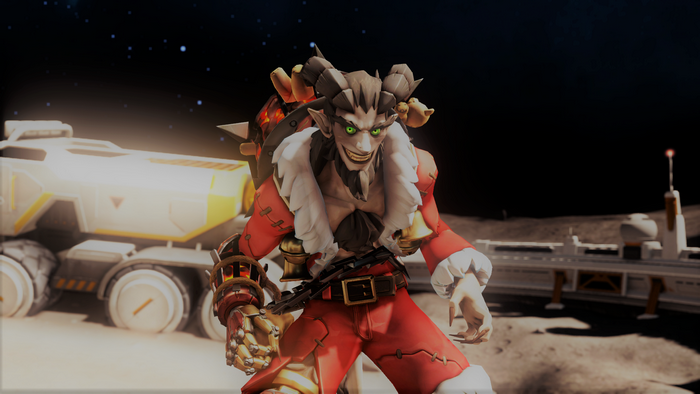 Junkrat from Overwatch in a Santa costume on the moon