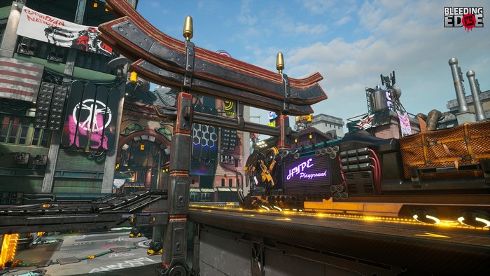 Bleeding Edge game environment with futuristic architecture