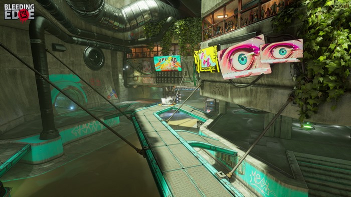Bleeding Edge game arena with screens