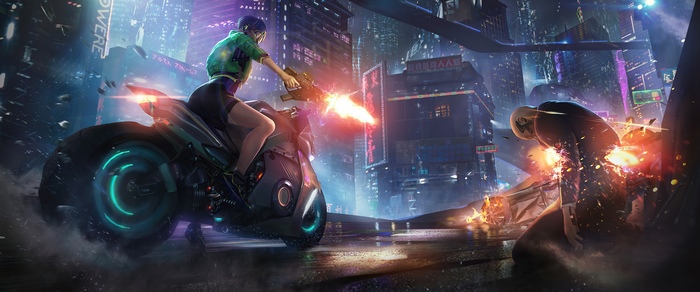 Cyberpunk woman on motorcycle shooting in futuristic city
