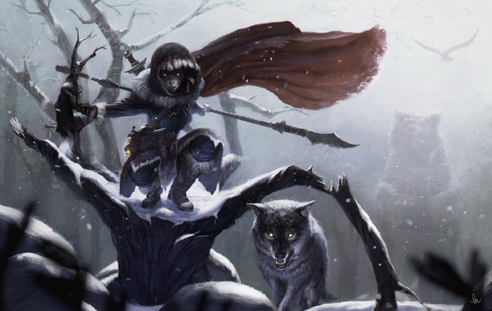 Fantasy woman warrior with wolves in snowy forest