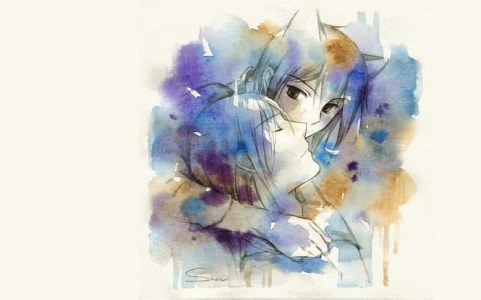Two characters embracing in watercolor style