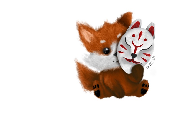 Cute fox holding a Kitsune mask