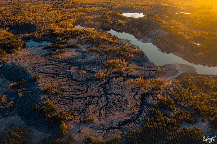 Aerial view of a lake and forest during sunset
