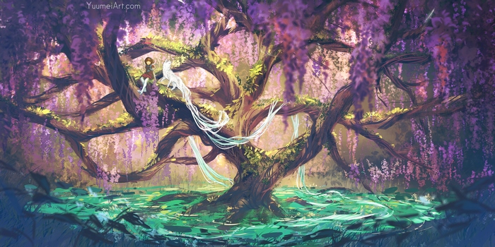 Girl and white creature in a magical tree
