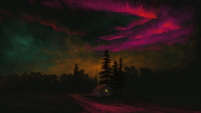 Cabin in the woods under a colorful night sky