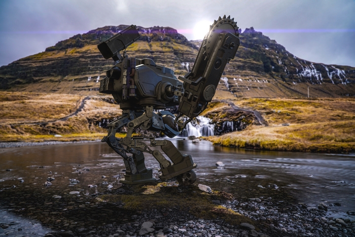 Robot with Chainsaw in Icelandic Landscape
