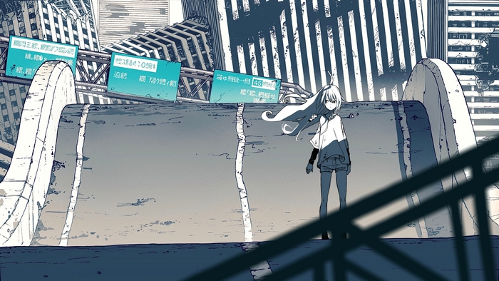 Girl in destroyed city with highway signs