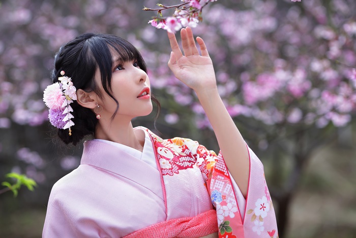 Woman in Kimono with Cherry Blossoms