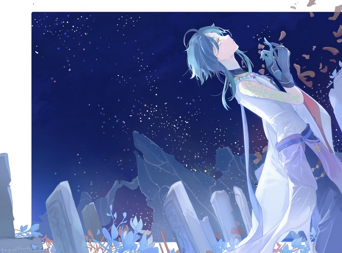 Xiao from Genshin Impact under the stars
