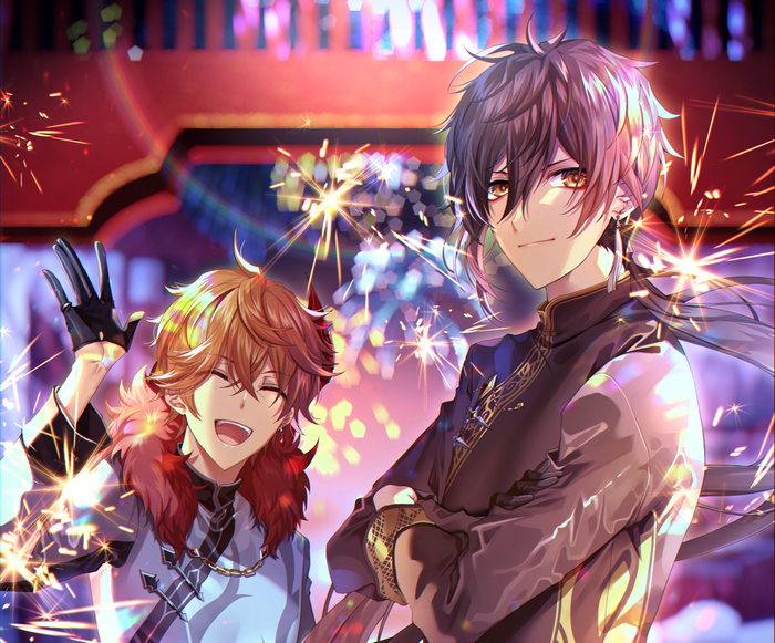 Zhongli and Tartaglia from Genshin Impact with fireworks