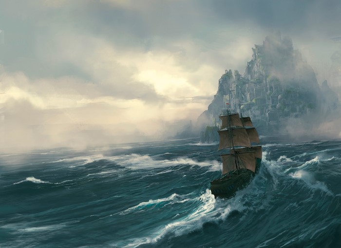 Ship sailing through stormy seas towards a misty island city