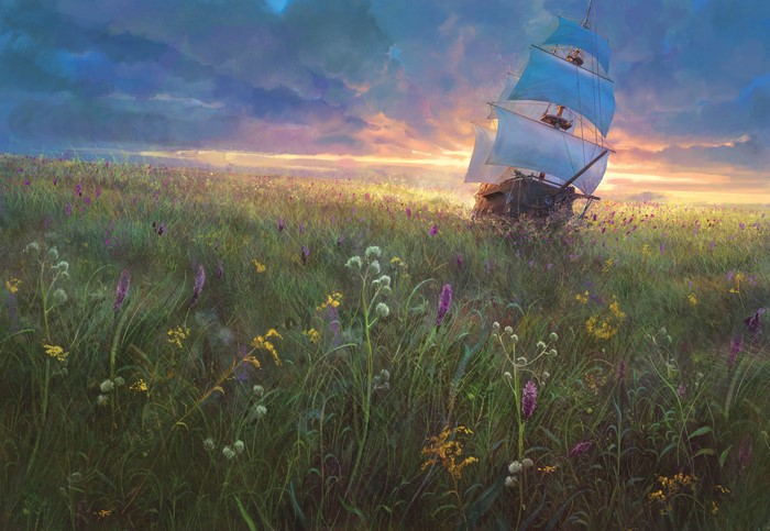 Sailing Ship in a Field at Sunset