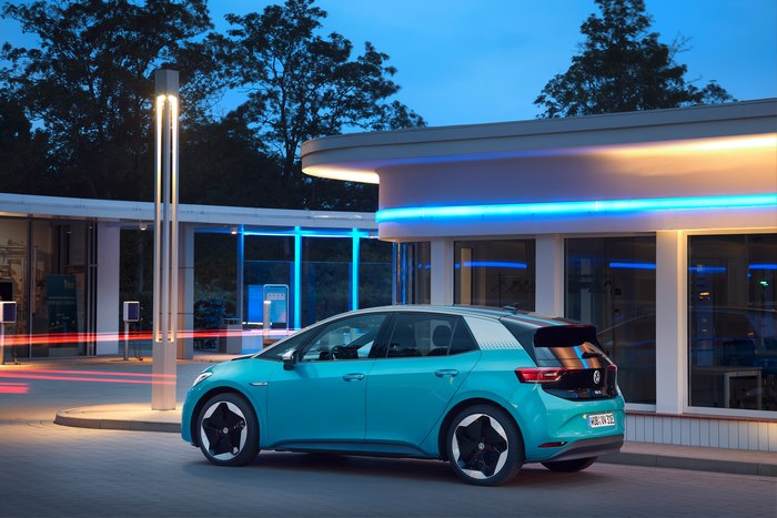 Blue Volkswagen ID.3 electric car at charging station
