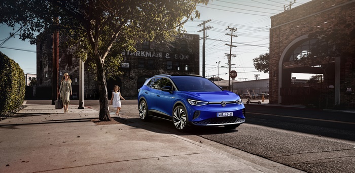 Blue Volkswagen ID.4 Electric SUV on a City Street