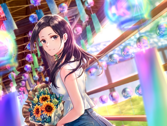 Momo Yaoyorozu from My Hero Academia holding sunflowers