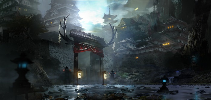 Japanese temple complex in a misty mountain landscape
