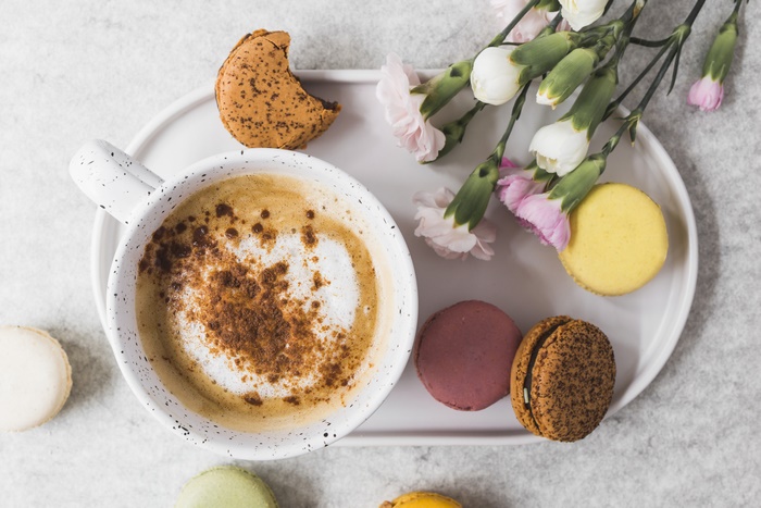 Coffee and Macarons with Flowers