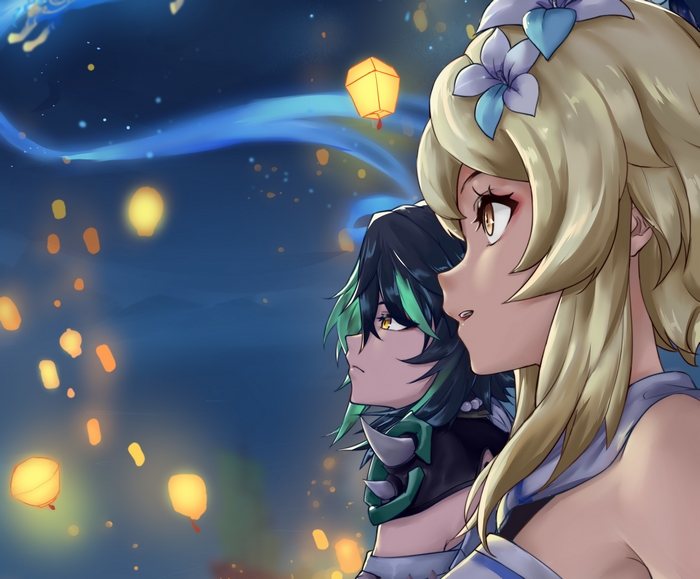 Lumine and Xiao from Genshin Impact watching lanterns
