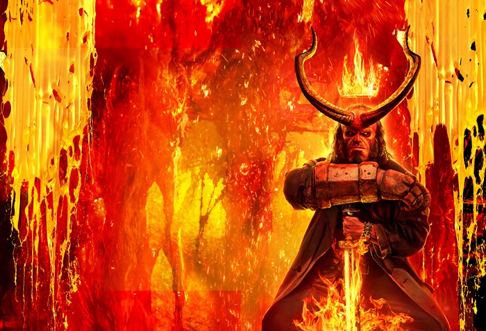 Hellboy with sword and hammer in fire