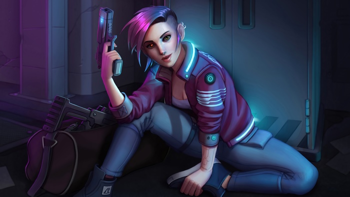 Cyberpunk woman with purple hair holding a gun