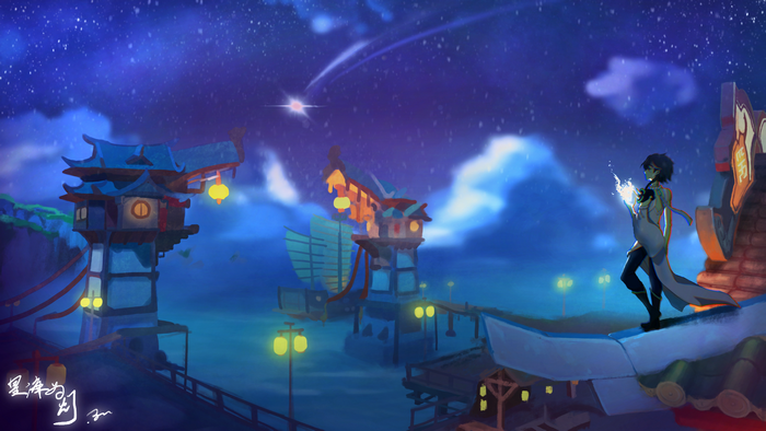 Xiao from Genshin Impact under a starry sky