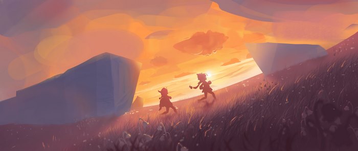 Klee and Qiqi from Genshin Impact walking at sunset