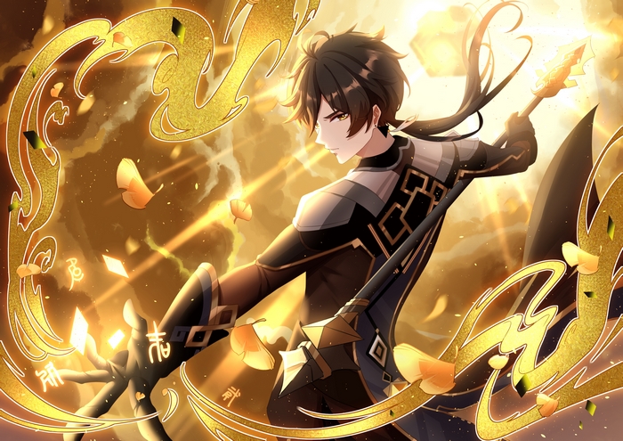 Zhongli from Genshin Impact in Golden Aura