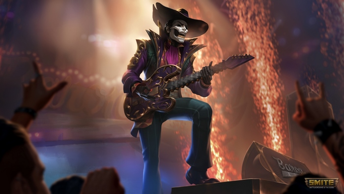 Baron Samedi from Smite playing guitar on stage