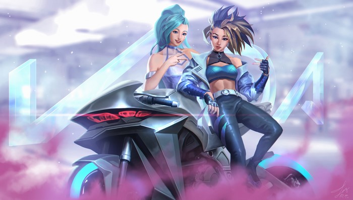 Akali and Seraphine from K/DA on a motorcycle