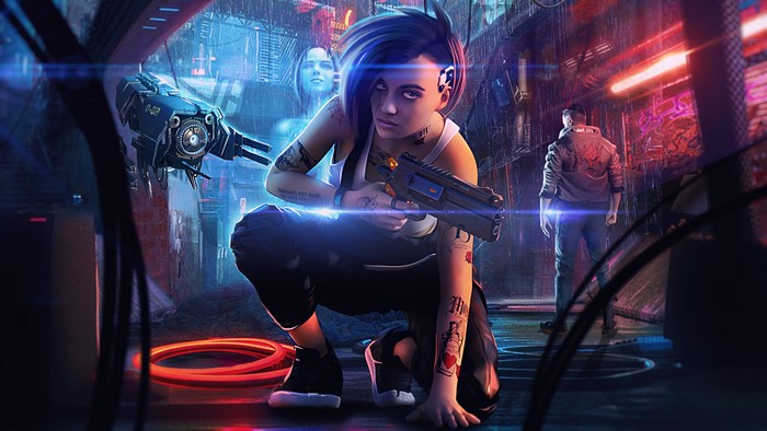 Judy Alvarez from Cyberpunk 2077 with a gun