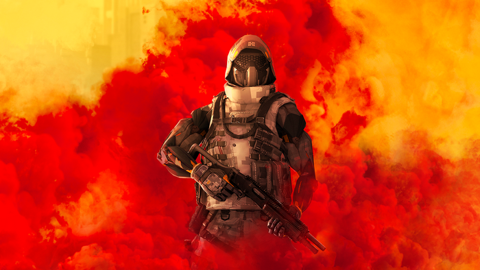Soldier in heavy armor holding a rifle amidst smoke