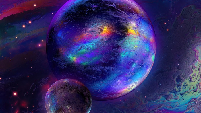 Colorful planets and nebulae in deep space
