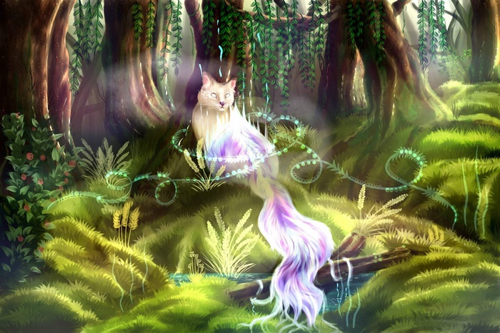 Fantasy Cat with Rainbow Tail in Enchanted Forest