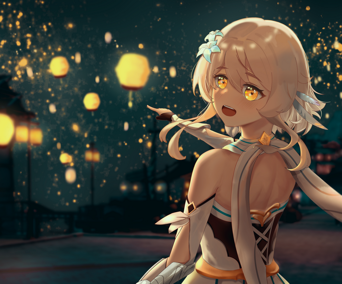 Lumine from Genshin Impact with lanterns