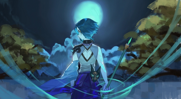Xiao from Genshin Impact under the moon