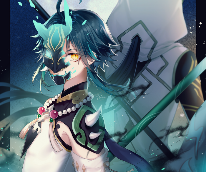 Xiao from Genshin Impact wearing a mask
