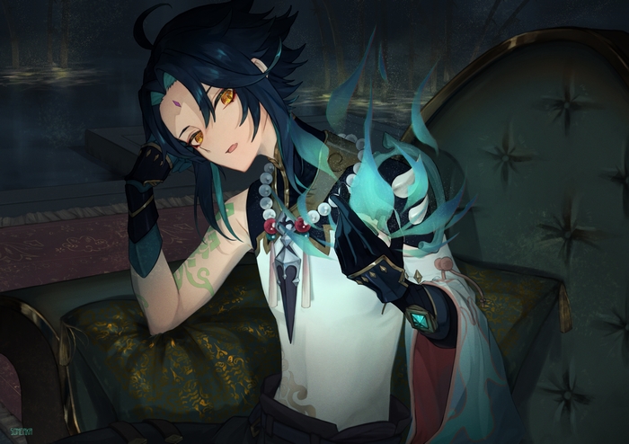 Xiao from Genshin Impact sitting on a couch