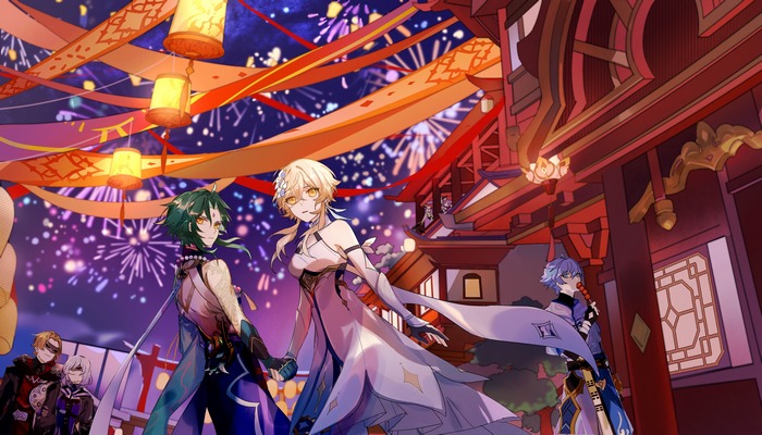 Characters from Genshin Impact at a festival with fireworks