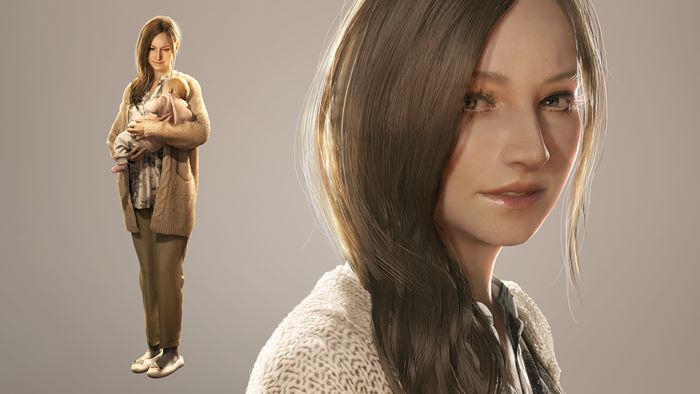 Mia Winters holding Rosemary Winters from Resident Evil