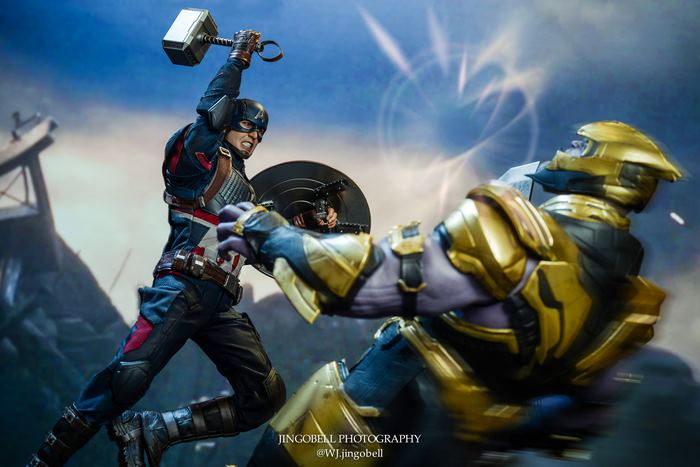 Captain America from Avengers 4 wielding Mjolnir against Thanos