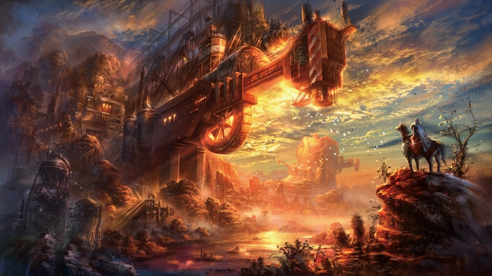 Steampunk city with a knight on horseback
