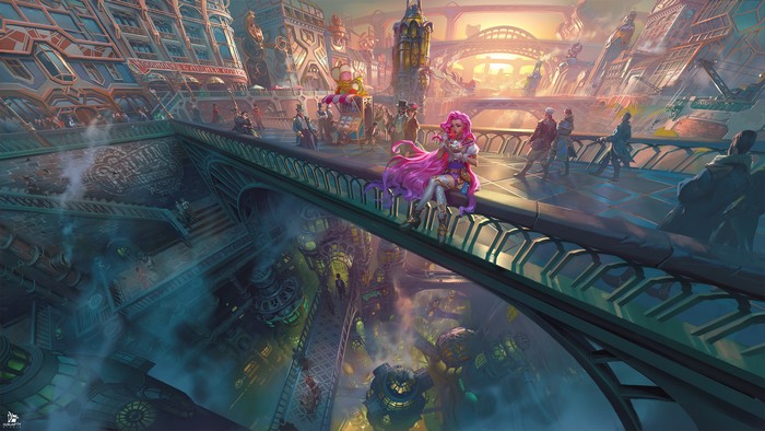 Seraphine from League of Legends in a futuristic city