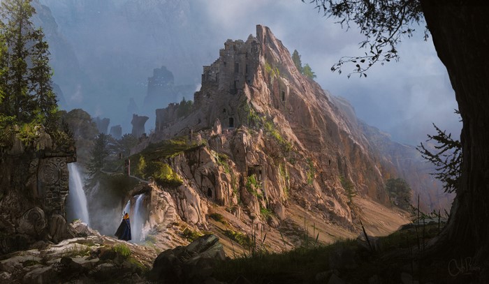 Ruined castle on a rocky mountain with waterfalls and a person
