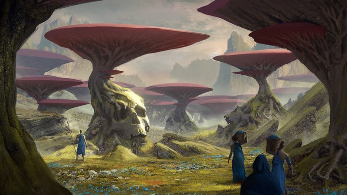 Alien landscape with giant mushroom-like trees and figures