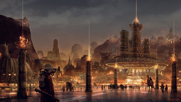 Alien Temple City with Beams and Flying Vehicles